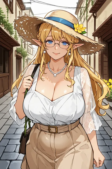 (masterpiece), best quality, expressive eyes, perfect face.

 "A beautiful mature elf woman with body fat, bbw body, chubby body, plump body, voluptuous body, and updo blonde hair, blue eyes, large breast, saggy breast, cleavage, wearing a glasses, vintage...