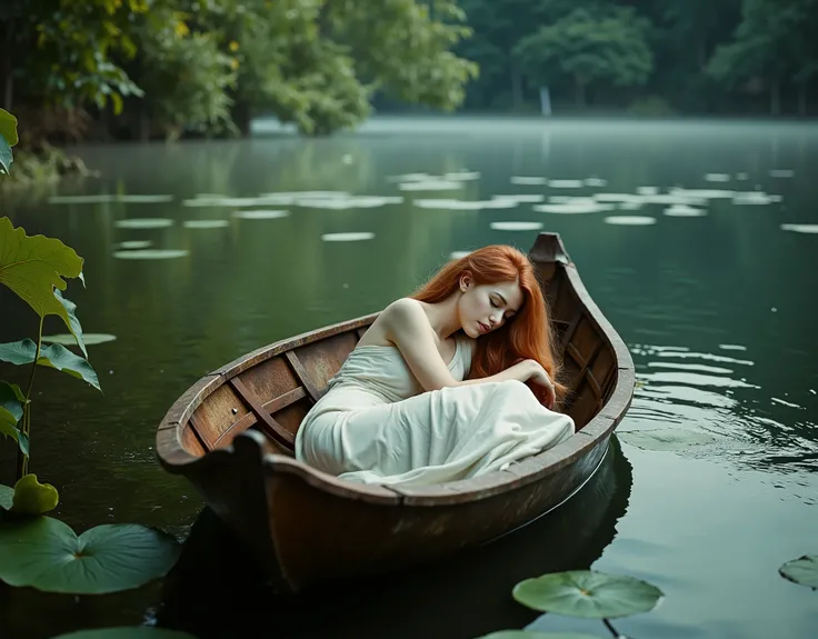 Enchanting 8K aerial photograph of a young woman with porcelain skin and copper-red hair, peacefully asleep in a rustic wooden boat adrift on a tranquil forest lake. She wears an ethereal ivory white maxi dress flowing over the boat’s edges, the delicate ...