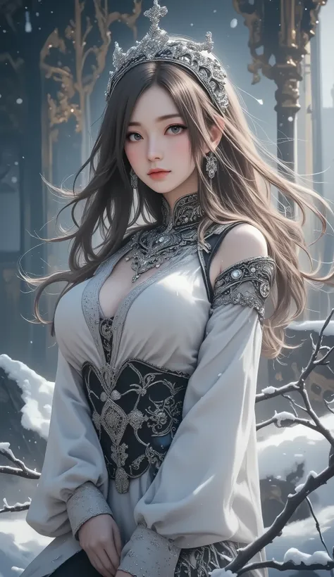 The best texture, high quality, , 8k, full body photo, panoramic photo , snow, flying snowflakes, dancing in the snow, huge breasts 女の子, full of Miao silver jewellery, Miao clothing, Silver Phoenix Crown, Melon Seed Face, Super Detailed Facial, blue eye...