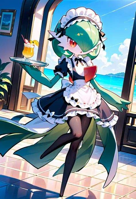 gardevoir, green_hair, green_skin, hair_over_one_eye,maid clothes。headdresses on the beach。The location is a mansion。Tile floor。black tights。 one leg raised。stand on one leg。silver tray