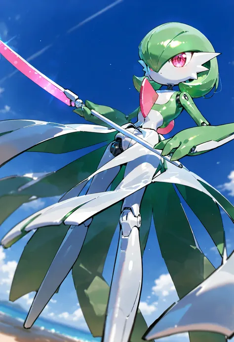gardevoir, green_hair, green_skin, hair_over_one_eye, mechanization。cyber。Mechanical joints。electric light。Mechanical Engineer。ironvaliantsv