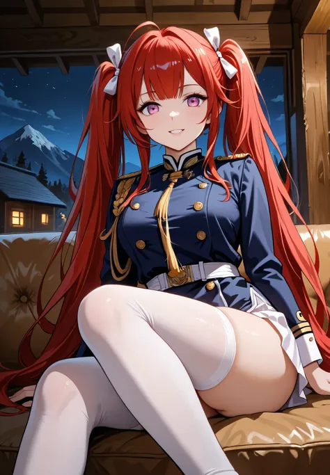 1girl, solo, Fu Shun, Azur Lane, red hair, twin tails, uniform, white thigh highs, sitting on a couch, sexy pose, alluring atmosphere, mountain cabin, night time, beautiful lighting and shadows,