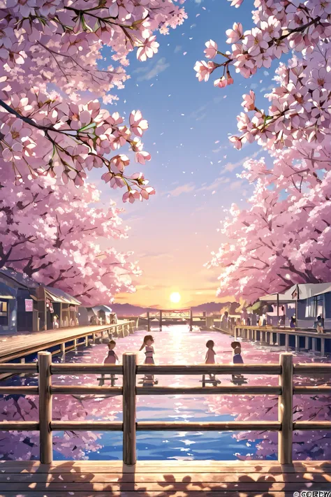 Cherry blossoms bloom on a bright spring day, and many people pass by. The river flows and wild ducks swim on the right.
Scenery of the pier and town seen in the distance. Cherry blossom leaves fluttering, warm atmosphere, clear, high summer sky.