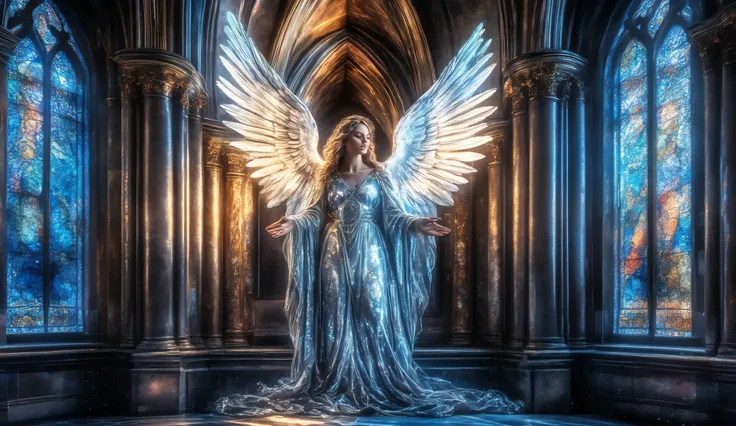 An ethereal angel  kneels in a baroque cathedral, its face hidden in its hands. Light streams through stained-glass windows, illuminating the scene with a divine glow. Ink splash effects and double exposure techniques add a surreal touch, while Rembrandt-s...