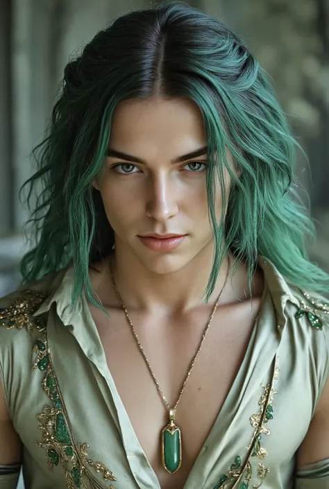 A truly beautiful man((Beautiful long wavy jade colored hair)), smooth white skin, thin chin and clean cheeks(( Very large eyes with a beautiful jade color))is very thin and thin((A 25-year-old man with smooth white skin and a chin1people))Precise hands an...