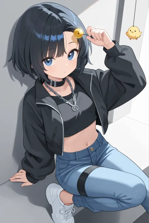A chick anime with wavy black hair, tied to the upper side forming Unique and edgy style. Sideways bangs cover part of the forehead, gives a cool and mysterious look.
She wears a metallic black crop jacket, With long sleeves and open zippers, shows off ...