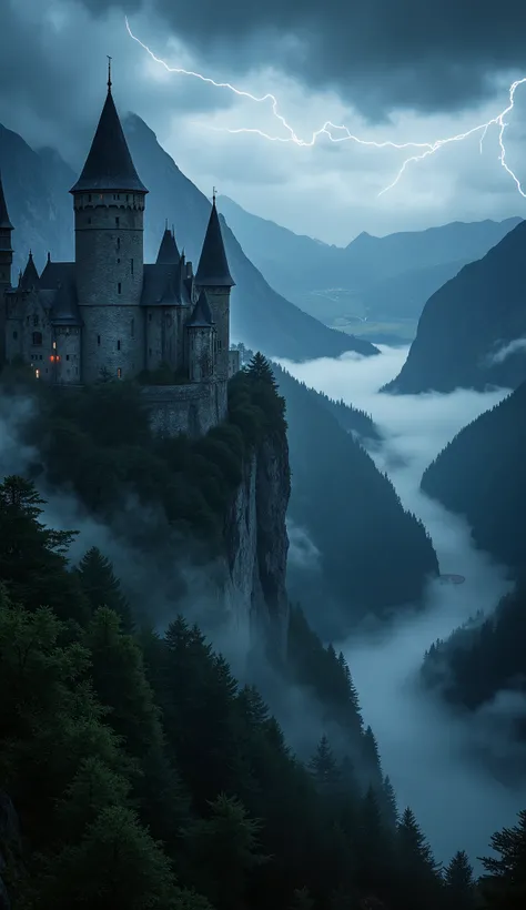 Create a dramatic HD image of an ancient vampire castle, its stone walls weathered by time, perched high on a cliff that overlooks a dark, mist-covered valley. The sky is stormy, with flashes of lightning illuminating the jagged mountain peaks. The castle ...
