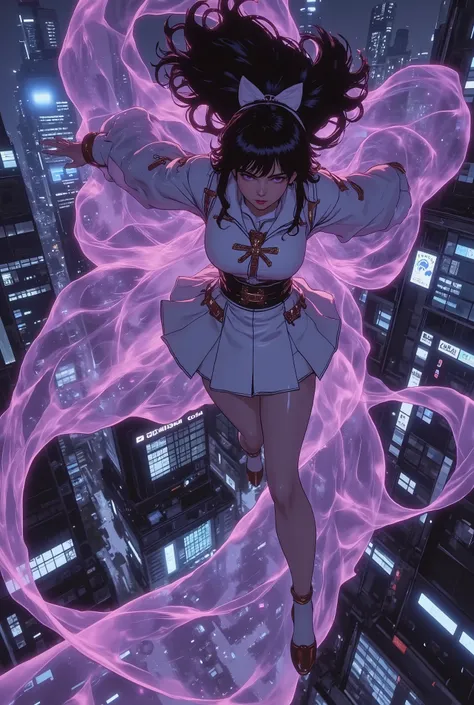 ((The translucent glass-like cloak is tinged with a delicate and mysterious semi-illumination, and streaks of purple and blue light flow gracefully through the space))、((Glass cloak))。A cyber-city at night. A translucent cloak with a fluid glass texture cr...