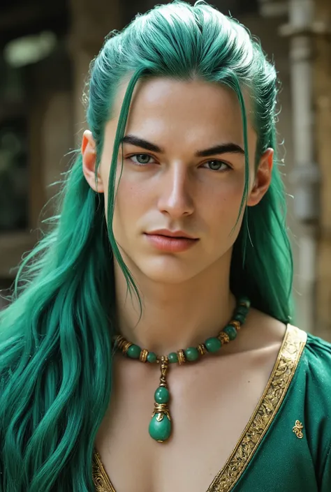 A truly beautiful man((Beautiful long wavy jade colored hair)), smooth white skin, thin chin and clean cheeks(( Very large eyes with a beautiful jade color))is very thin and thin((A 25-year-old man with smooth white skin and a chin1people))Precise hands an...