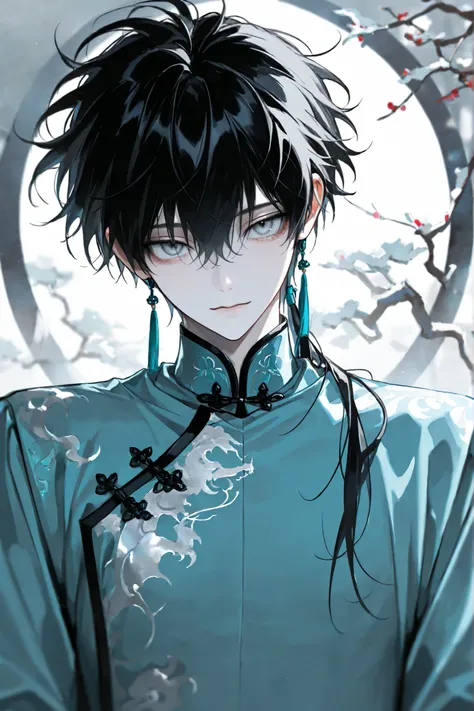 1 boy, short black hair, bangs, silver color eyes, pale skin, messy hair, eyelashs, changpao, korean traditional male overcoat, durumagi, thin eyes, wary face, looking at viewer, young, (masterpiece: 1.3), (best quality: 1.3), (ultra-detailed), 8k resoluti...