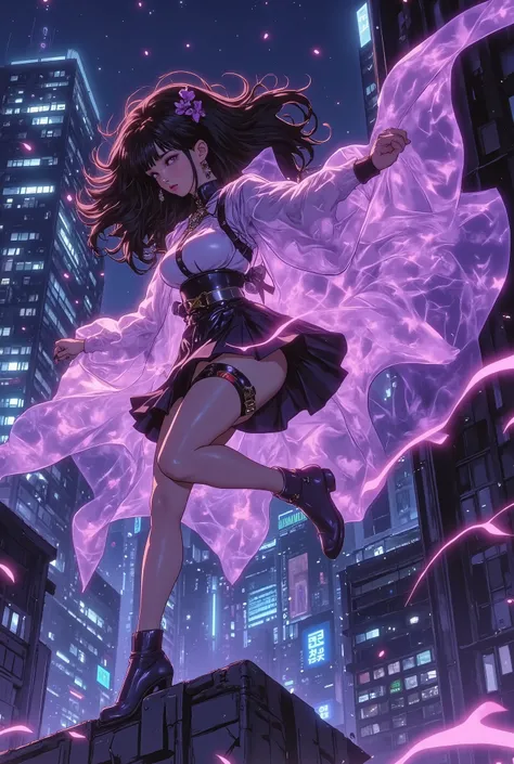 ((The translucent glass-like cloak is tinged with a delicate and mysterious semi-illumination, and streaks of purple and blue light flow gracefully through the space))、((Translucent robe)).((Glass cloak))。A cyber-city at night. A translucent cloak with a f...