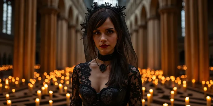 Gothic cathedral portrait: French goth in lace veil and leather corset, standing in Chartres labyrinth. Sony A7RV with 14mm f/1.8, HDR blend. Candles illuminate face while maintaining shadow detail in vaulted ceilings.
