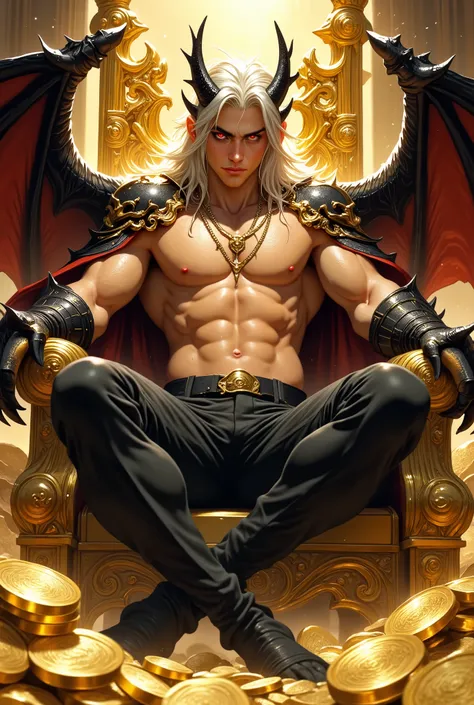 1 male with two hemipenises, Anime illustration semi-realism of Chinese human dragon hybrid male, crooked grin, smirk, semi realistic, shirtless, topless, without shirt, (((without pants, without trousers))), muscular, (((super broad shoulders, broad shoul...