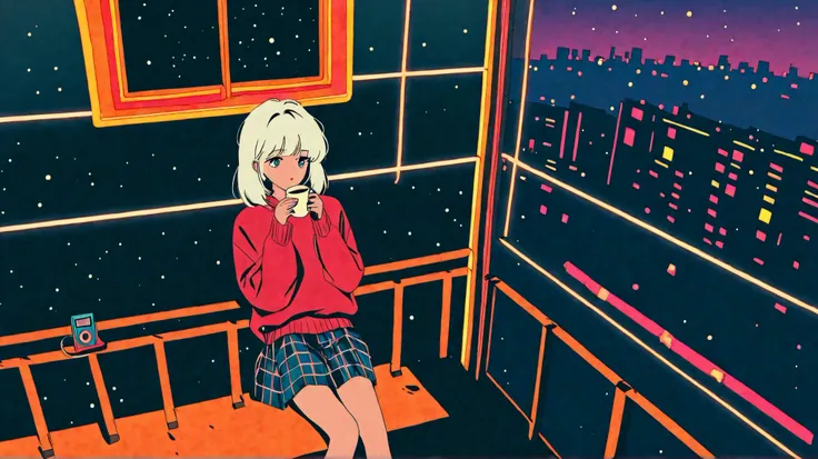 A young girl with white hair sits on a small balcony at night, sipping a warm cup of coffee while gazing at the starry sky. She wears an oversized knitted sweater and a long plaid skirt, evoking a nostalgic 1980s aesthetic. The soft glow from the nearby wi...