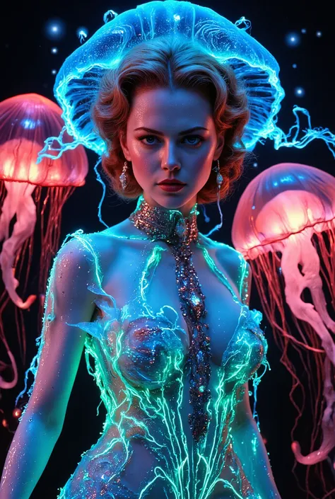 A female jellyfish hybrid with a well-groomed, beautiful face((Beautiful women have very, very big hanging eyes))beautiful, smooth, white, silky skin((Beautiful Shining Medium Curly Hair))and a model figure that is very skinny((The arm is a jellyfish's fla...
