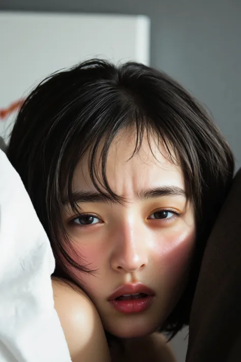 a high resolution photograph of a young Japanese woman lying in the bed with mouth open, bloodshot eyes, frowning, pain, scream, emotional face shot, face focus, from above, bare shoulders, realistic facial expression, dramatic facial expression, detailed ...