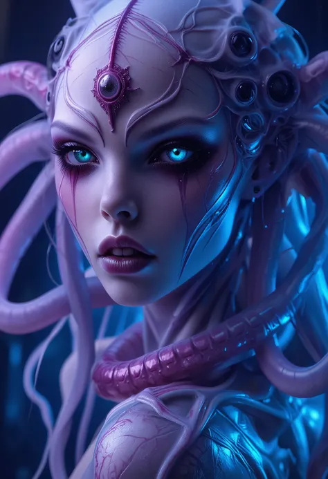 (stuninng photo by professional photographer, Best Quality, 4K, 8k, High Resolution, Masterpiece: 1.2), (Super Detailed, realistic, photorealistic:1.37),(4 iridescent eyes:1.5), four eyes, scary and sexy detailed art in color, Portrait, (beautiful and obsc...