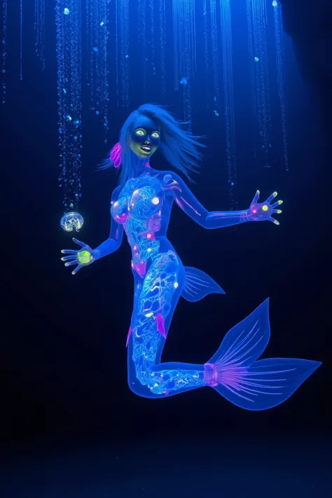 "A breathtaking deep-sea encounter between a bioluminescent mermaid and an ROV. The mermaid's translucent body reveals ethereal inner structures resembling crystal and jellyfish anatomy, with intricate patterns of blue, cyan and purple bioluminescence flow...