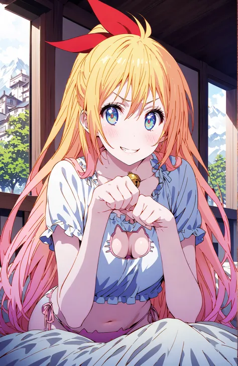 Chitoge Kirisaki, long hair, blue eyes,  Gold, ribbon,  o, very long hair, hair ribbon, multicolor hair that matches the eye, red ribbon, Gradation Hair,Glowing Skin, smile,cover,grinning,Cat underwear, cat cutout, cat ear panties,  well-frilled , Side Tie...