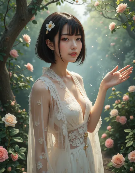 super real, photorealistic, Dramatic scene, soft focus、shadow, global lighting, solo, short bob hairstyle、perfect anatomy, perfect fingers, (She is a famous Japanese idol woman、object, とてもきれいinす、very cute face ,  detailed facial skin texture , (組み込みのネオンマーカ...