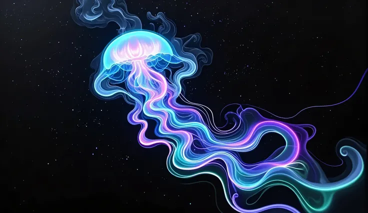 a jellyfish with many tendrils, translucent, glowing colors, neon, many different color, unnatural, unrealistic, fantastic, in outer space, stars, nebula, epic, absurdres, insanely detailed, masterpiece, neon trails following tendrils, 1nhyw1