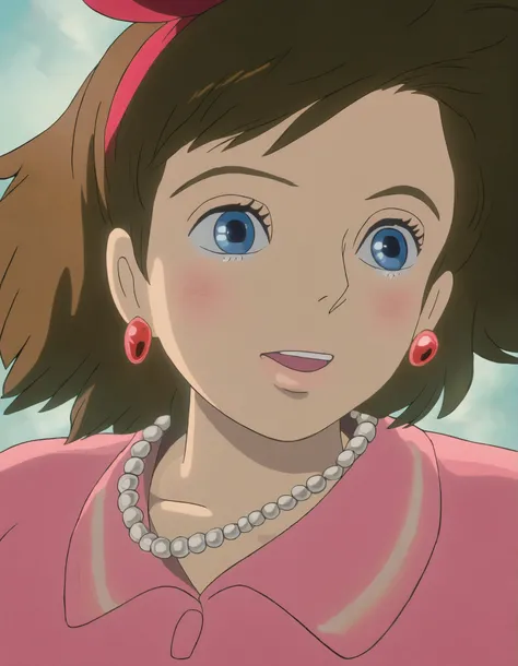 Studio Ghibli, hand drawn animation style,
Masterpiece, high score,
chica, portrait, illustration, brown hair, blue eyes, pink dress, RED RIBBON, Pearl Necklace, flower earrings