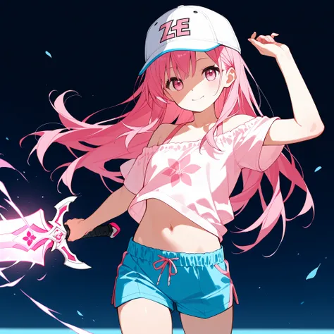 pink hair on a circle、long hair、pink eyes、white and pink volleyball pattern hat、adults、Hang your hands on a hat、white and pink off-the-shoulder clothes、angled bottom configuration、Clothes with a navel、shorts、Good style、style、Excellent combat、During combat、...