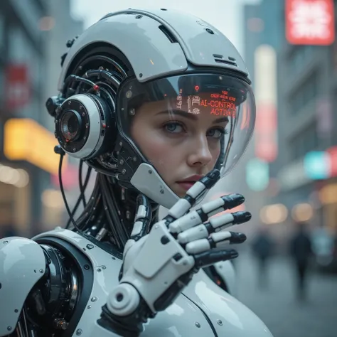 Masterpiece sci-fi photo, photorealistic portrait of a futuristic robotic female head or helmet. It is predominantly clear transparent and metallic, with intricate mechanical details. A large, reflective clear visor covers the eyes, displaying various digi...