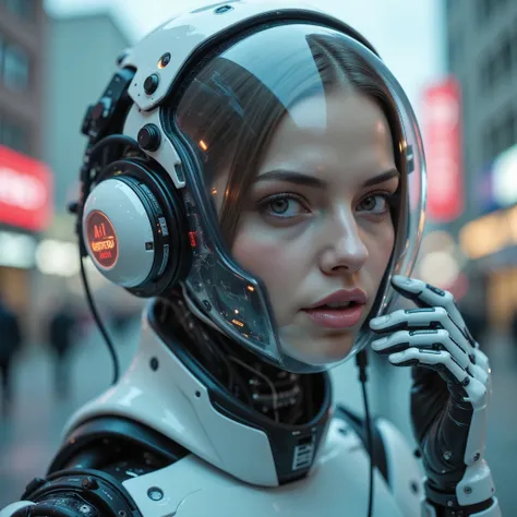Masterpiece sci-fi photo, photorealistic portrait of a futuristic robotic female head or helmet. It is predominantly clear transparent, with intricate mechanical details. A large, reflective clear visor covers the eyes, displaying various digital interface...