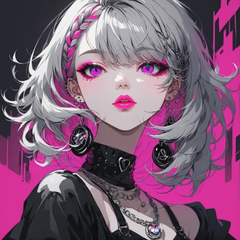 (Best quality:1.4, City Pop style, Very detailed, Latest, Vibrant, High contrast, Masterpiece:1.4,), Gal, Neon colored hair, Silver hair, Braided hair, Languid eyes, Kind and charming beautiful woman, Half body photo, Attractive oval face, Double eyelids, ...