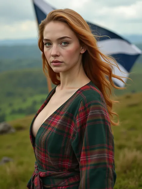 Scotland highlands, age 20, 44dd breasts, epic, Scotland flag, detailed portrait of a young woman, porcelain skin, flowing red hair, emerald green eyes, soft facial features, direct gaze, elegant posture, wearing tartan dress, standing in rolling green hil...