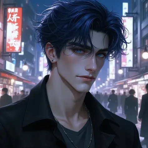 Japanese man, dark blue hair, blue eyes, white skin, smiling, hands in pockets, walking, city at night, HD