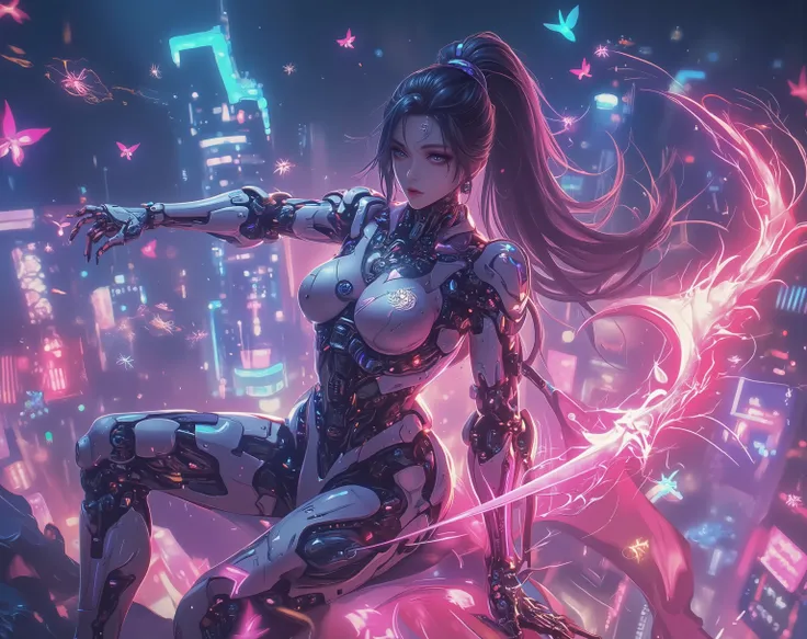 Female Cyborg, Erotic, mecha arm , dragon emblem, energy dagger, Neon fireflies, action scene, dynamic pose soaked in hot springs, dynamic scene