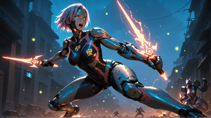 Female Cyborg, Erotic, mecha arm , dragon emblem, energy dagger, Neon fireflies, action scene, dynamic pose soaked in hot springs, dynamic scene