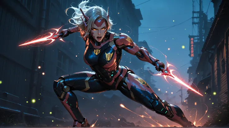 Female Cyborg, Erotic, mecha arm , dragon emblem, energy dagger, Neon fireflies, action scene, dynamic pose soaked in hot springs, dynamic scene