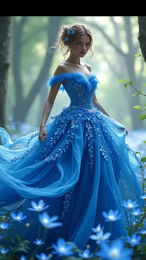High quality and high definition photo. Young slender nice European woman with opened nice grey eyes,, 20 yo, woman in a blue dress walking through a forest, fantasy dress, blue swirling dress, wearing a magnificent dress, magical dress, lady with opened n...