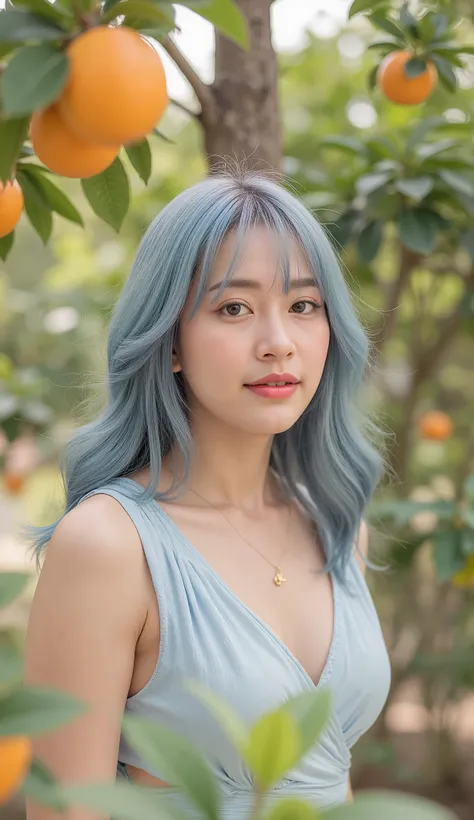 style-sylvamagic, concept art character at won the award of a beautiful nymph at sitting leaning against an orange tree, in a beautiful orange garden at,  Citrus Fruit in the Tree , amazing at body, smile, is happy, laughs, cheerful, Light Blue Hair, Golde...