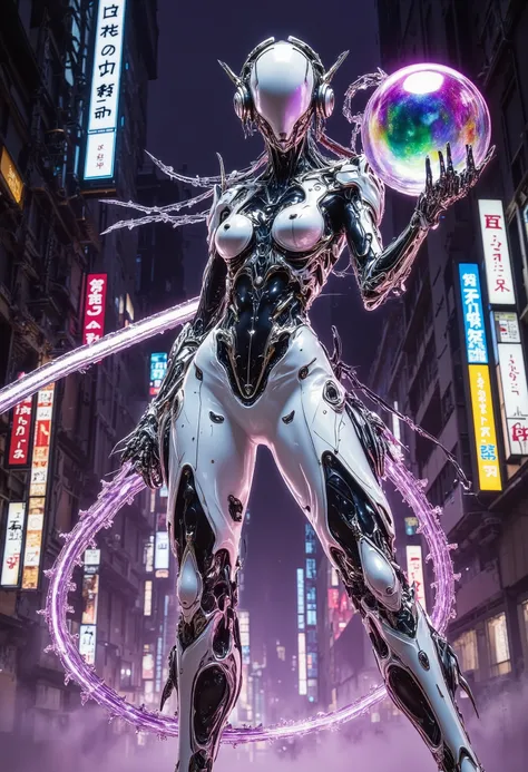 a focused female cyborg warrior in white ceramic armor without a face throws an absolutely transparent glass ball at the viewer, shimmering with rainbow light, against a backdrop of cyber-futuristic incredibly complex architecture, with skyscrapers and neo...