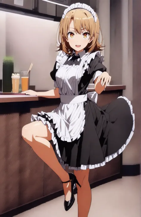 Irohaisshiki, Isshiki Iroha , short hair, brown hair, brown eyes,Tray, Tray in one hand,Maid服, black色ロングスカート,black色パンティストッキング, stiletto heels,Maid head  dress, Maid apron, Maid Dress,Maid, Maid outfit,black_  dress,raises one leg,closes one eye,smile,cover...
