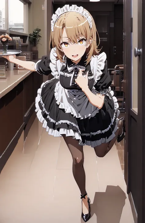 Irohaisshiki, Isshiki Iroha , solo,short hair, brown hair, brown eyes,Tray, Tray in one hand,Maid服, black色ロングスカート,black色パンティストッキング, stiletto heels,Maid head  dress, Maid apron, Maid Dress,Maid, Maid outfit,black_  dress,raises one leg,smile,cover,open your...