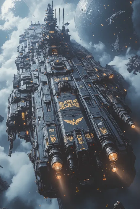 "A hyper-detailed, cinematic portrayal of massive Gothic steampunk star battleships in the grimdark style of Warhammer 40k, captured in ultra-realistic 32k resolution. The battleships have a long, diamond-shaped hull, with an imposing bridge and enormous g...