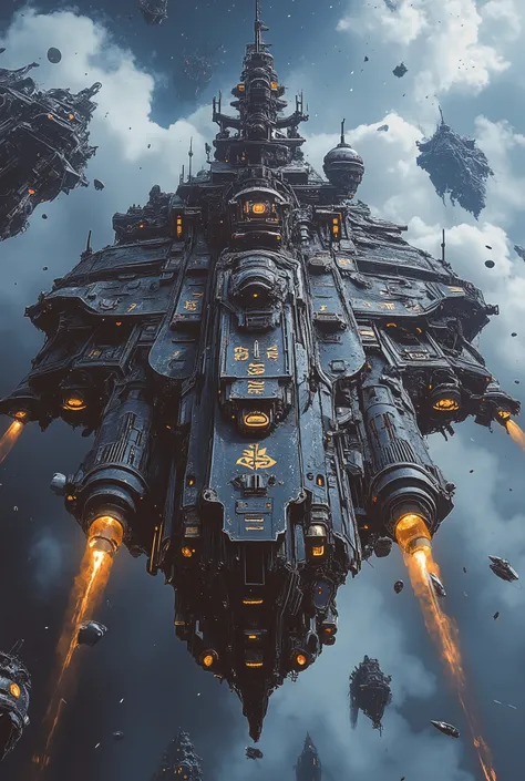"A hyper-detailed, cinematic portrayal of massive Gothic steampunk star battleships in the grimdark style of Warhammer 40k, captured in ultra-realistic 32k resolution. The battleships have a long, diamond-shaped hull, with an imposing bridge and enormous g...