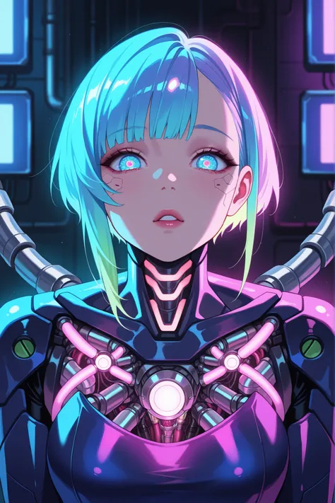 masterpiece,best quality,amazing quality,very aesthetic,newest,anime screencap,1girl,robotgirl,transluminescent mechanism,mechanical organ,detailed cyberpunk character portrait,beautiful woman with glowing robotic body parts,expressive face with advanced m...