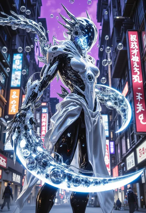 a focused female cyborg warrior in transparent armor without a face throws an absolutely transparent glass ball at the viewer, shimmering with rainbow light, surrounded by a huge number of small glass balls floating in the air, against a backdrop of cyber-...