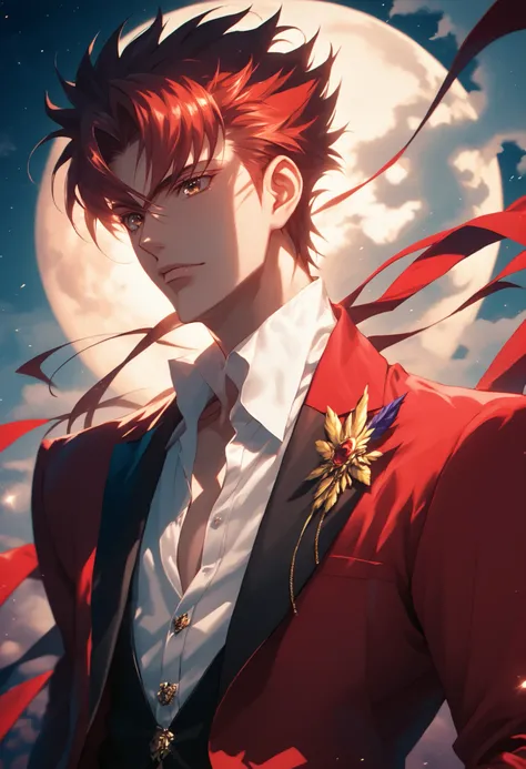 handsome man, wearing beautiful elegant black_red suit, dark_fantasy, Long yellow spiky hair, moon, pixiv, , elegant spooky, Code_Geass, dramatic light, fantasy background, , Tsutomu Nihei style, vibrant colors, Manga nib pen style, dramatic lighting, beau...