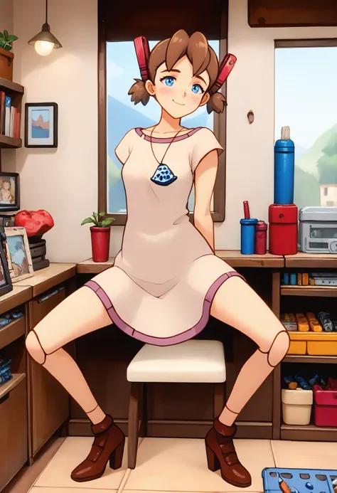  A mechanical mature lady is  very short pigtails, brown hair, Hair tie with two red big red clothespins, android, blue eyes, flushed cheeks, anime picture, full body figure. She wares light beige one-piece dress and simple white panty. She feels heavy ecs...