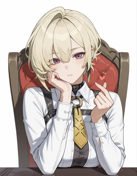 Anime character with blonde hair and purple eyes, her face so serious but still cute, she looking at you like she wanted your answer for her question, she sitting at the chair and her head lap on her hand and nod on the desk till waiting your answer, her n...
