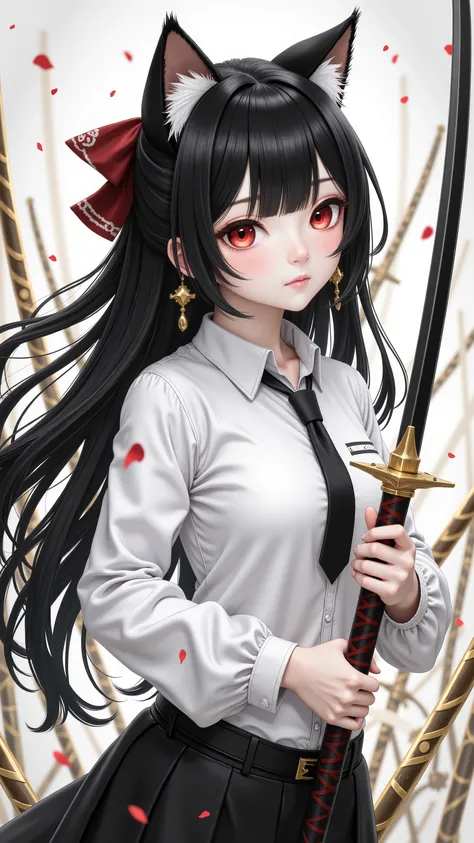 Masterpiece,The Best Quality, newer ,Absurds, highres,, a ,sword combat , monochrome,grayscale,((gold-colored swords in the background)), camisa blanca,,earring,alone ,((cat girl, cat black ears)), (red eyes), (long hair), (( black hair, (Ahoge), straight...