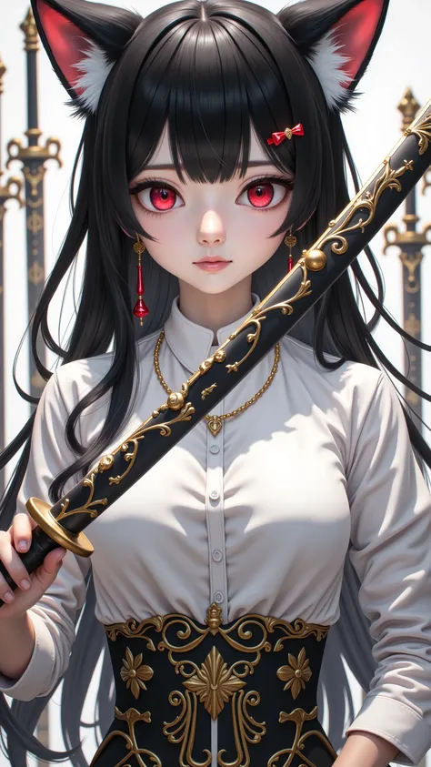 Masterpiece,The Best Quality, newer ,Absurds, highres,, a ,sword combat , monochrome,grayscale,((gold-colored swords in the background)), camisa blanca,,earring,alone ,((cat girl, cat black ears)), (red eyes), (long hair), (( black hair, (Ahoge), straight...