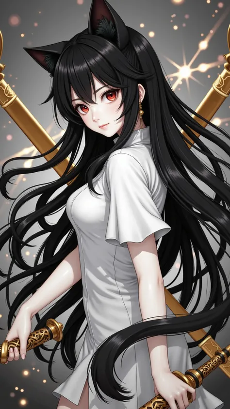 Masterpiece,The Best Quality, newer ,Absurds, highres,, a ,sword combat , monochrome,grayscale,((gold-colored swords in the background)), camisa blanca,,earring,alone ,((cat girl, cat black ears)), (red eyes), (long hair), (( black hair, (Ahoge), straight...